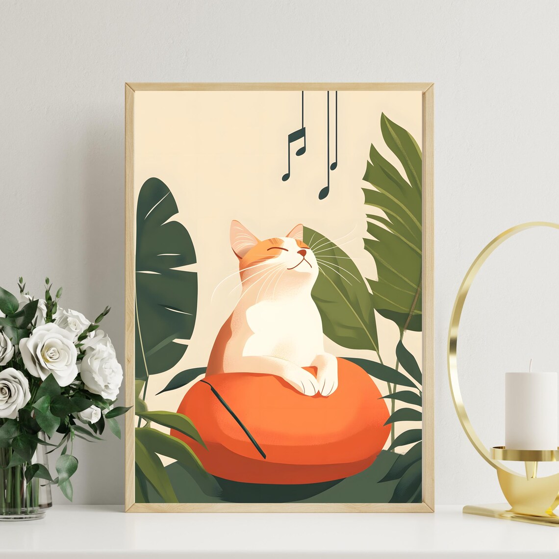 Happy White Cat on an Orange Pouf among Tropical Leaves Poster - Image 2