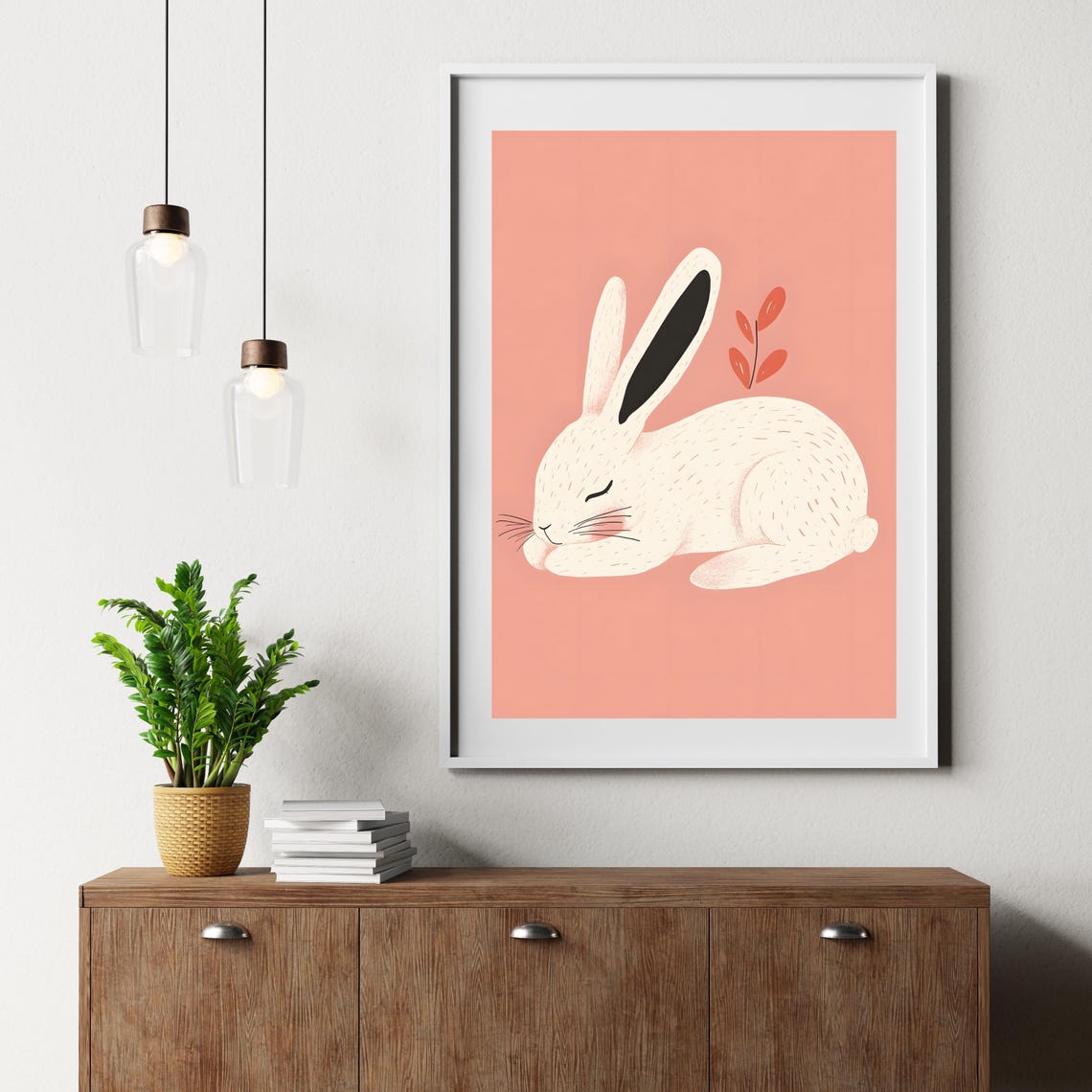 Cute Sleeping White Bunny on a Pink Background Nursery Poster - Image 6