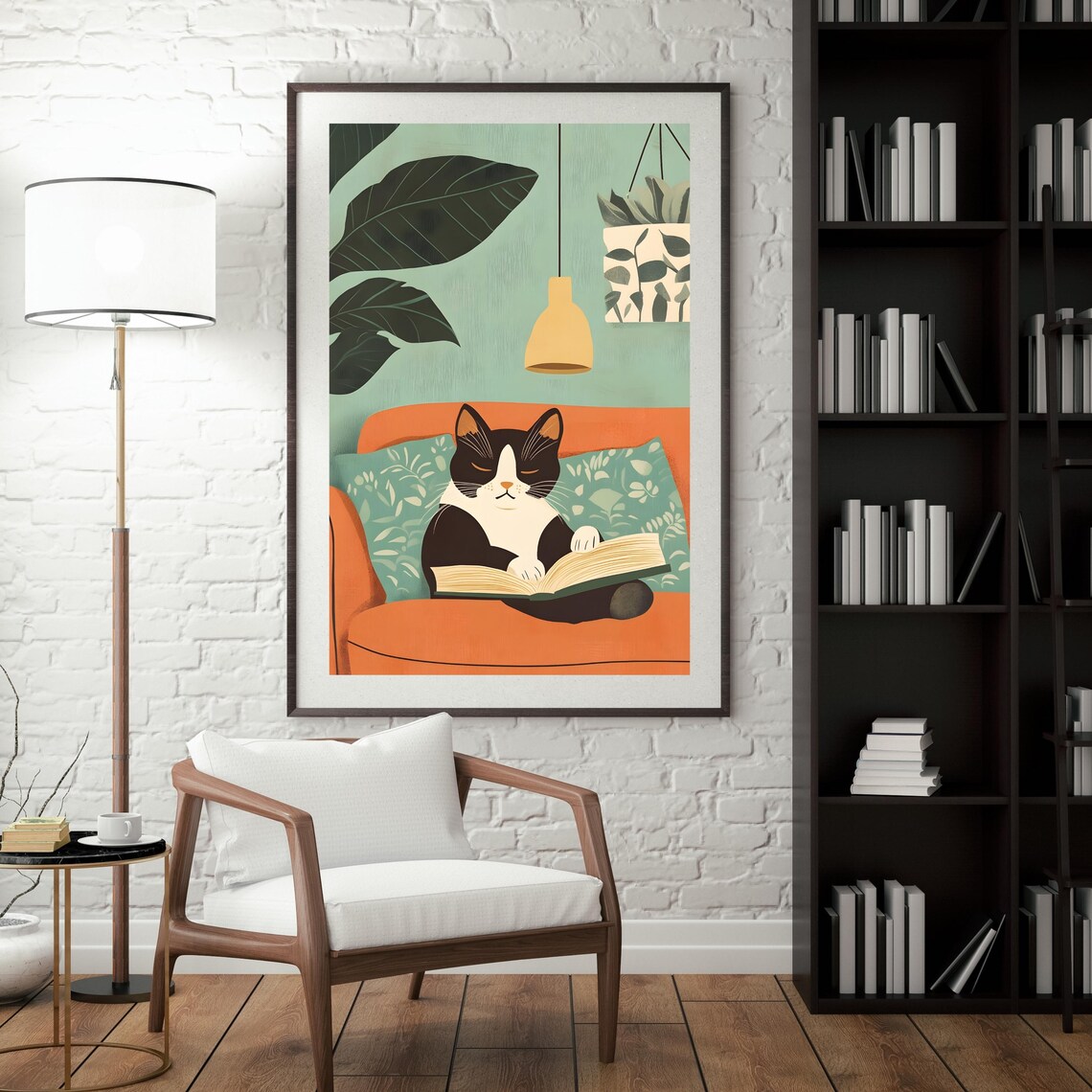 Cat Reading Book on Orange Couch Cozy Home Animal Nursery Art Poster - Image 5