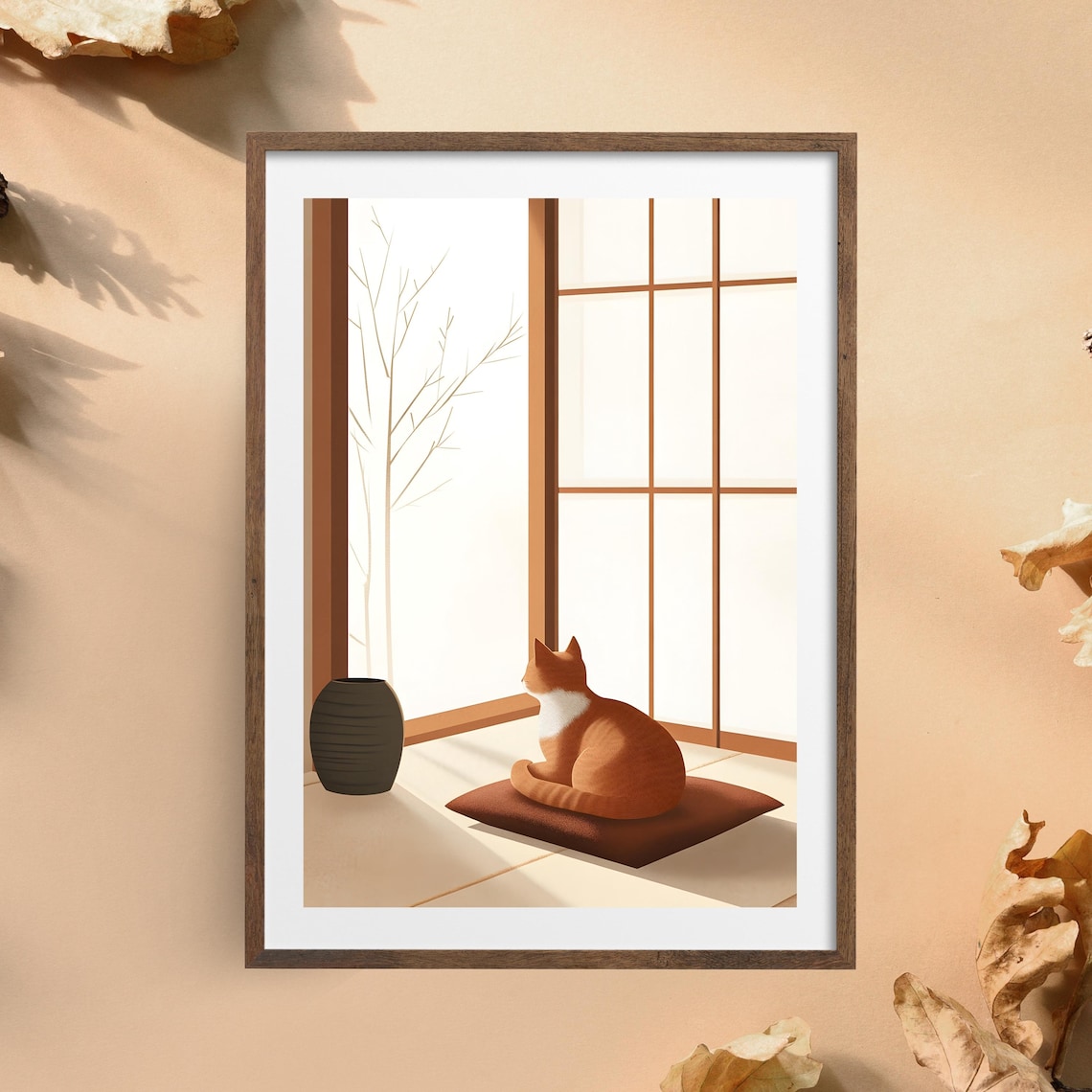 Quiet Orange Cat Sitting on a Cushion Before a Tall Shoji Screen Poster - Image 5