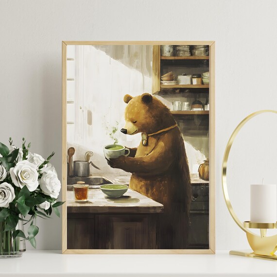 Brown Bear Savoring Steaming Matcha Tea in Sunlit Kitchen Poster