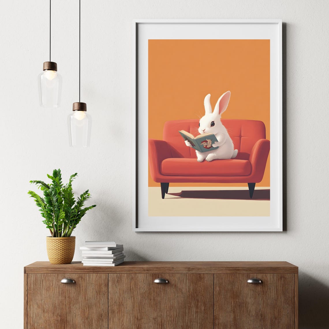 White Bunny Reading a Book on a Red Sofa in Orange Room Poster - Image 6
