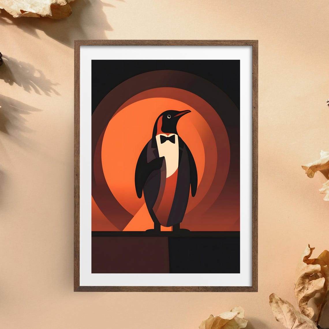 Elegant Penguin in Tuxedo Against Art Deco Orange Circles Poster