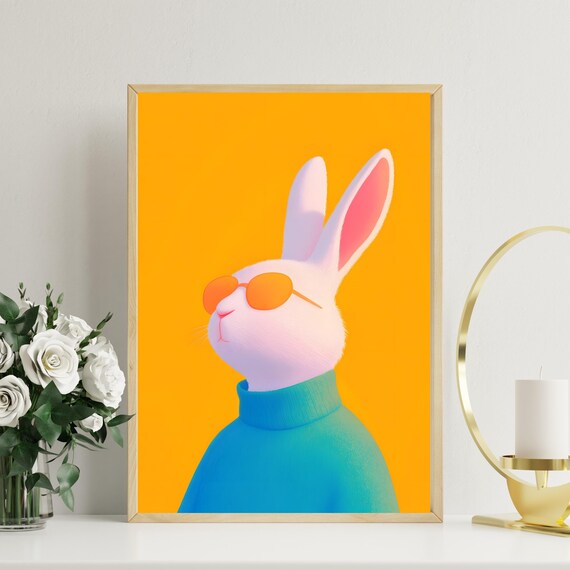 Cool White Rabbit in Orange Sunglasses and Teal Turtleneck Poster