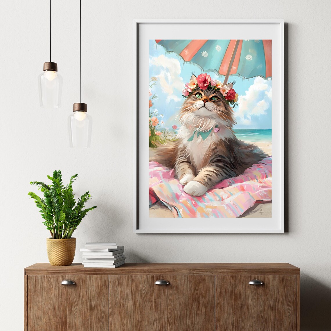 Fluffy Long-Haired Cat in Flower Crown Under Beach Umbrella Poster - Image 2