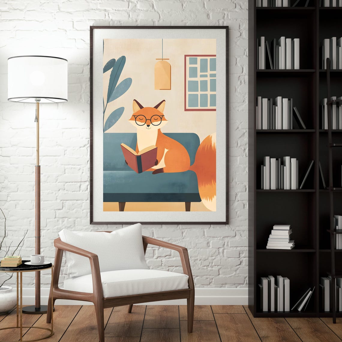 Cozy Fox Reading Book on Teal Sofa Minimalist Illustration Poster - Image 7