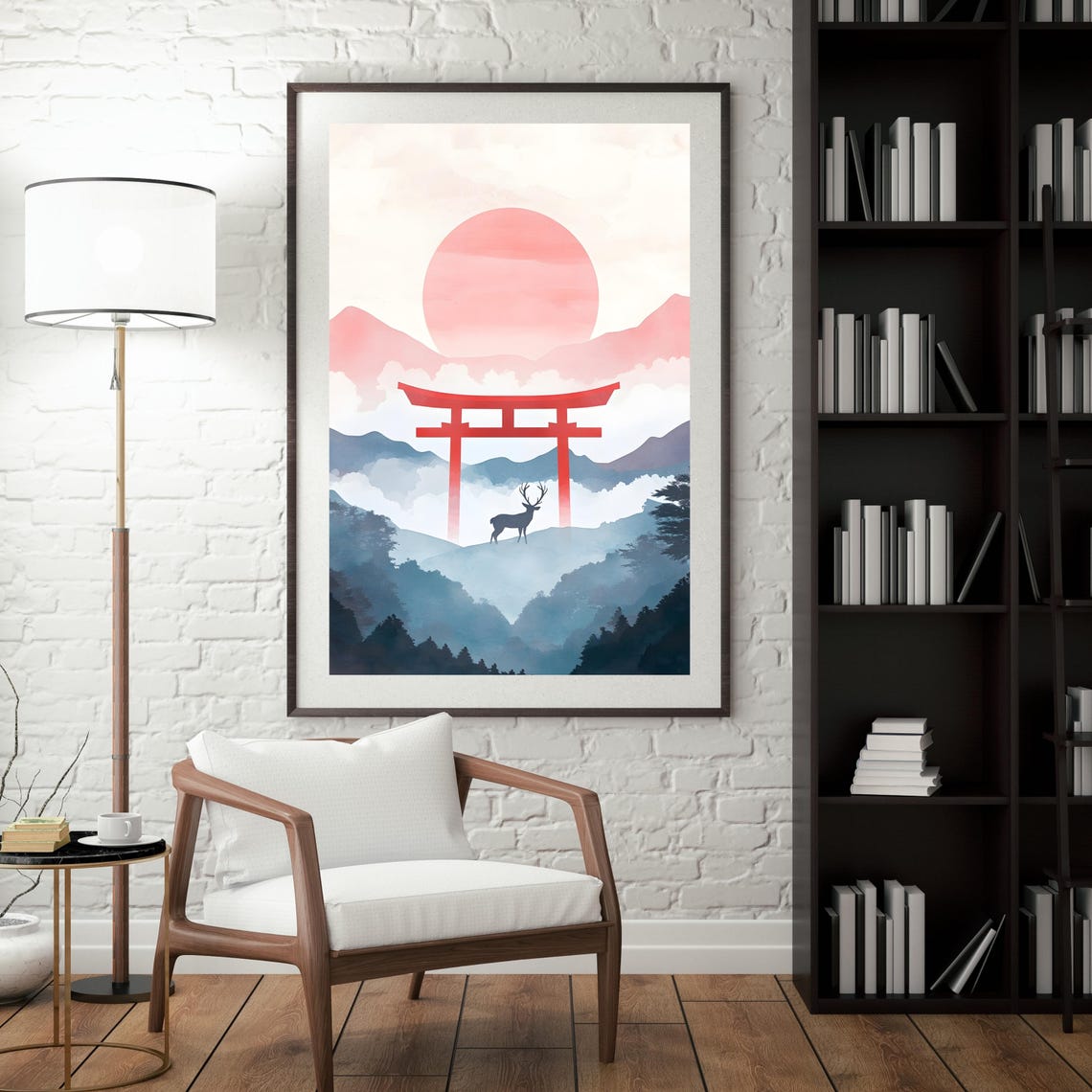 Japanese Sunrise Deer With Red Torii Gate Over Misty Mountains Poster - Image 5
