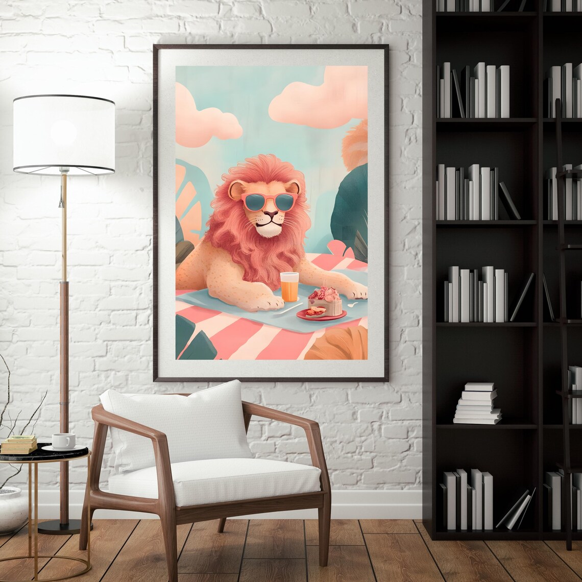 Carefree Lion With a Coral Mane and Sunglasses Lounging at a Pink Picnic Poster - Image 2