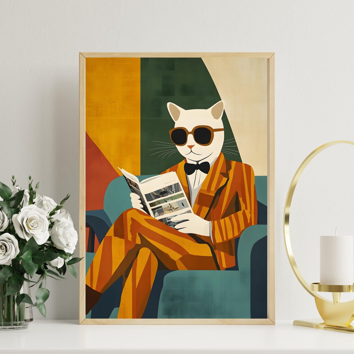 Classy Cat Suit Sunglasses Reading Newspaper Retro Style Art Poster - Image 5
