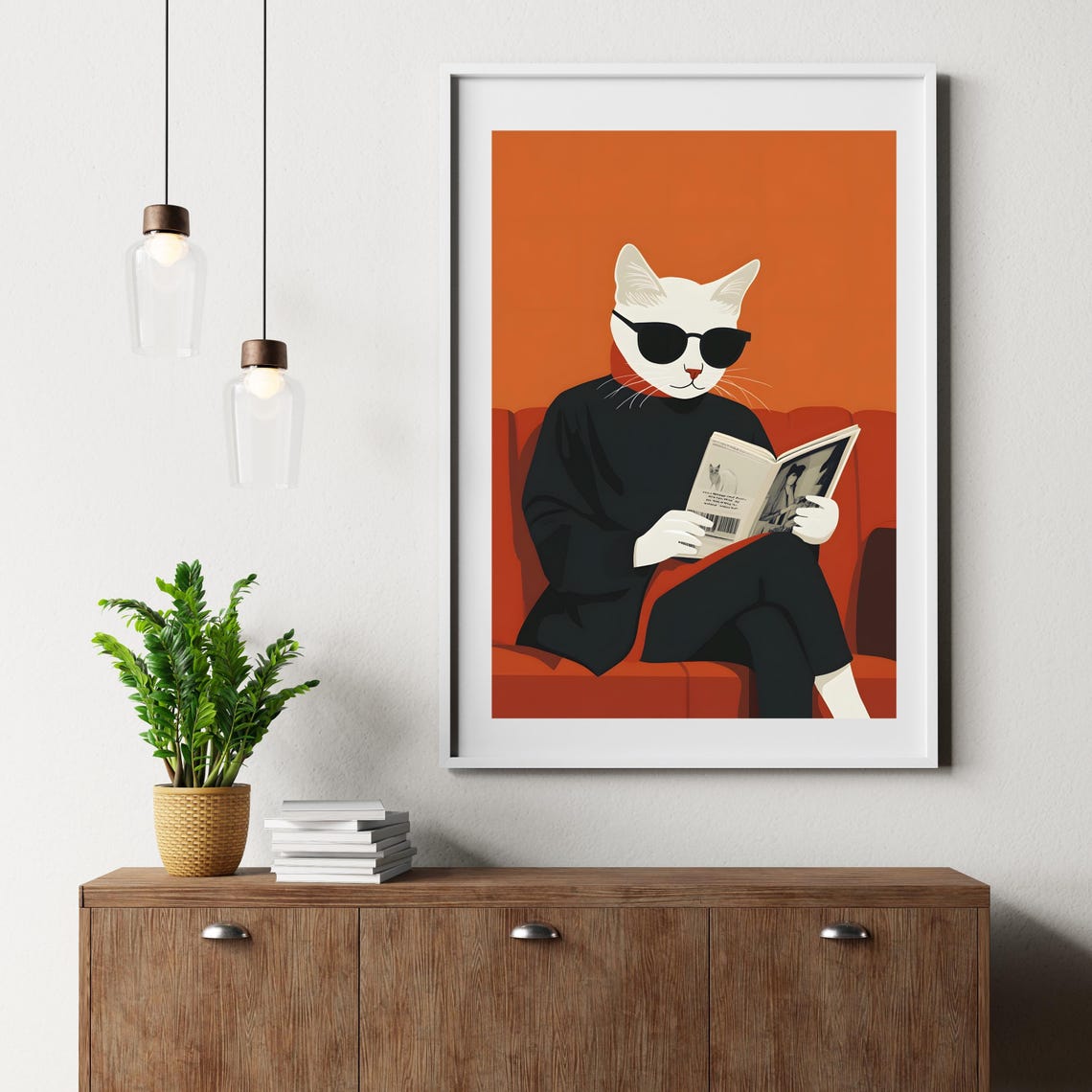 White Cat in Sunglasses Reading Newspaper on Red Sofa Poster - Image 6