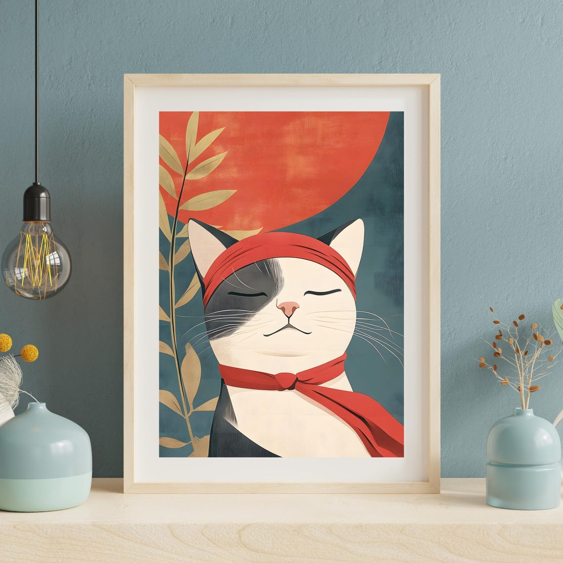 Zen Cat With Red Headband Meditating Before Big Red Sun Poster - Image 3