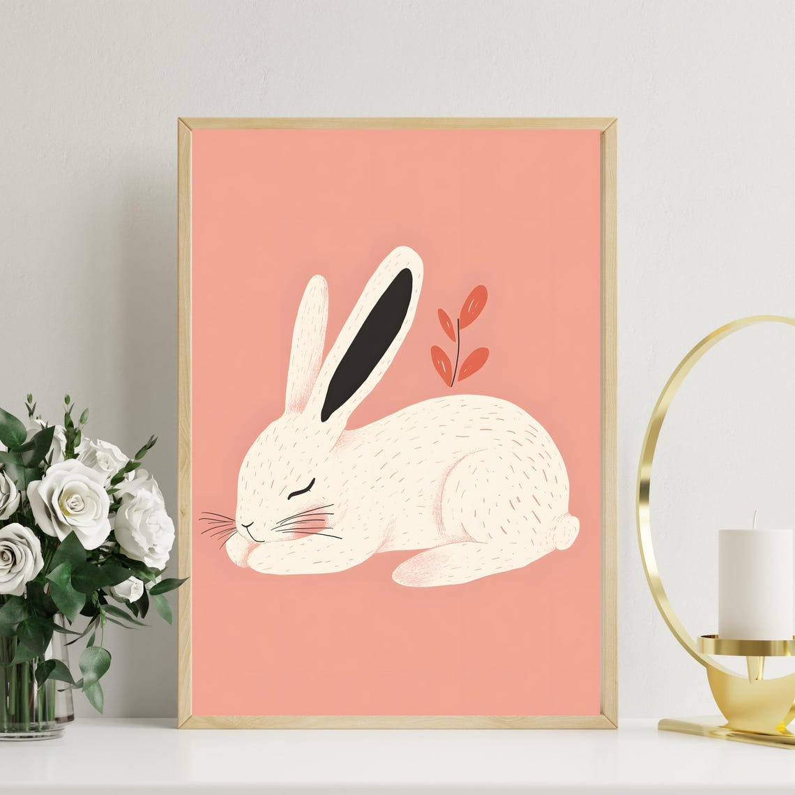 Cute Sleeping White Bunny on a Pink Background Nursery Poster - Image 2
