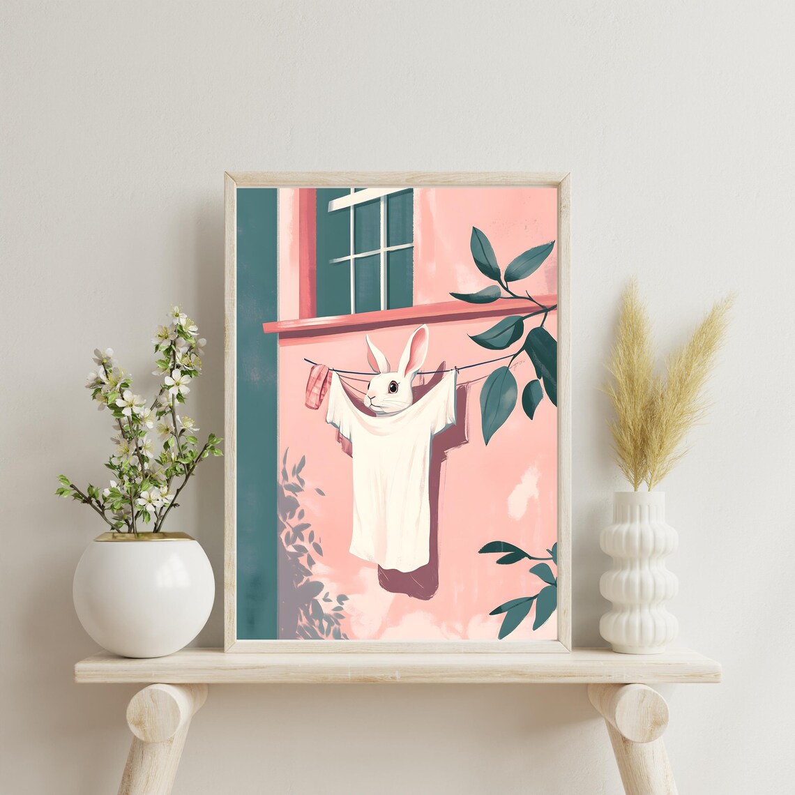 Curious White Rabbit Peeking Through Laundry Drying on a Clothesline Poster - Image 2
