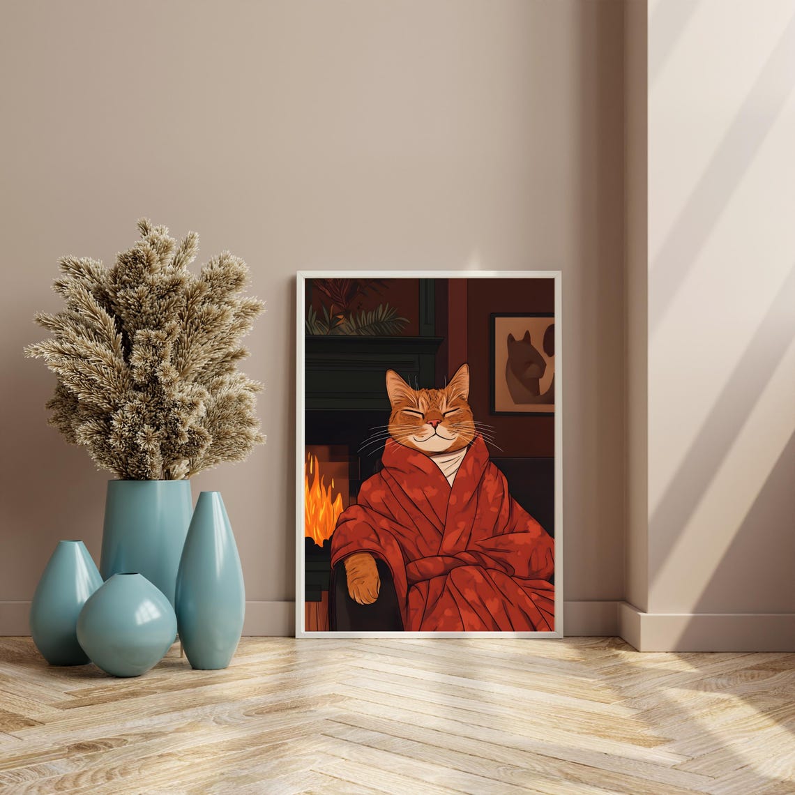 Cozy Ginger Cat in a Red Robe Relaxing by the Fireplace Poster - Image 8