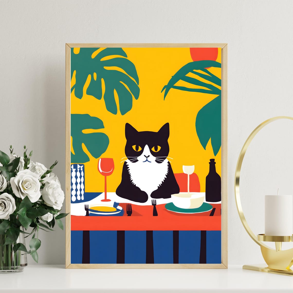 Black and White Cat at a Vibrant Tropical Dinner Party Table Poster - Image 2