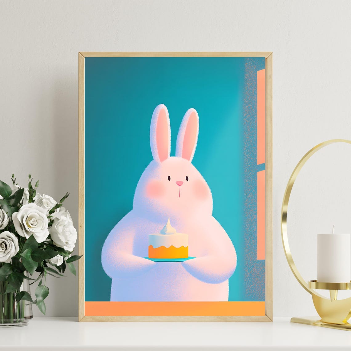 Sweet White Bunny Holding Birthday Cake On Teal Background Poster