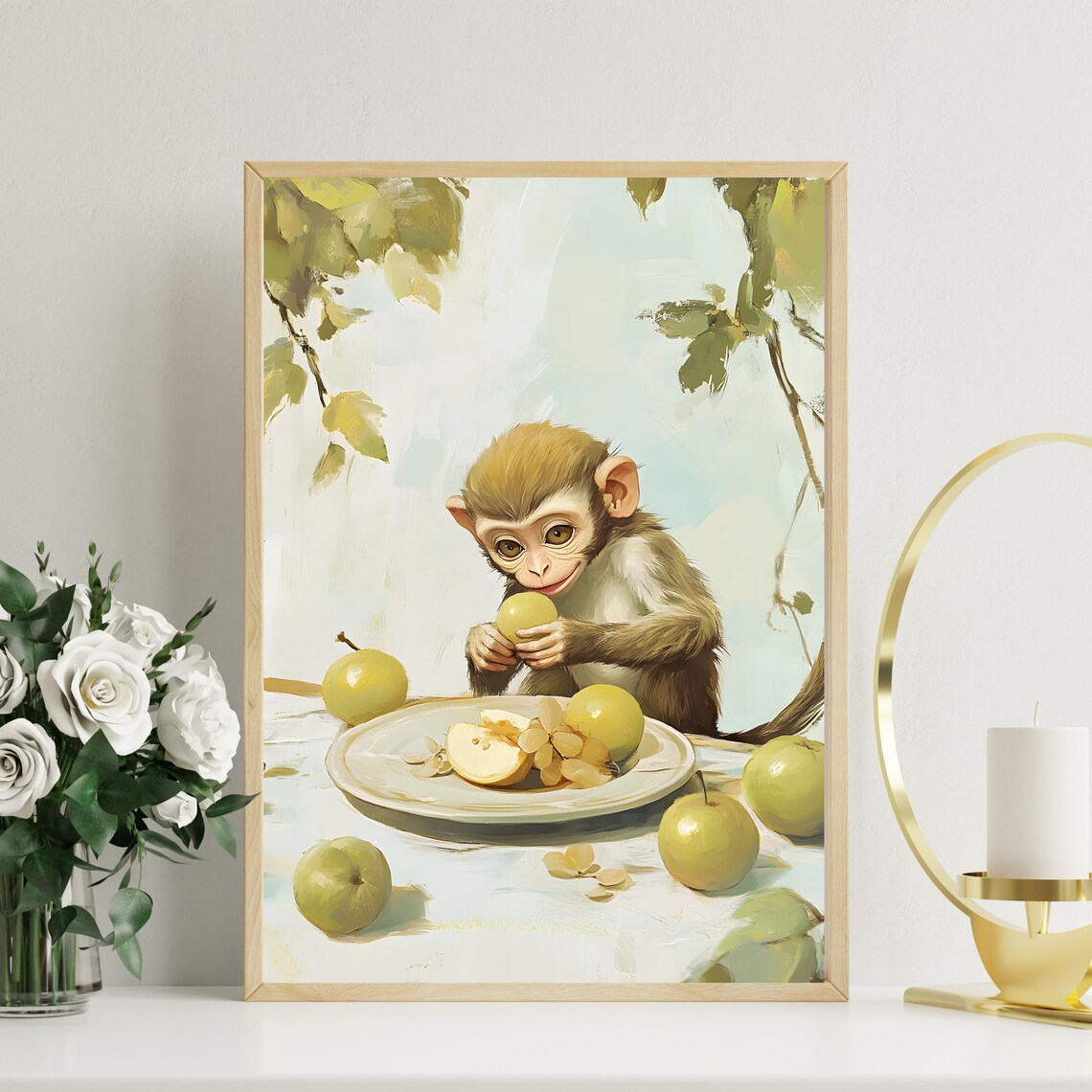 Wide-Eyed Baby Monkey Munching Green Apples at a Fruit-Laden Table Poster