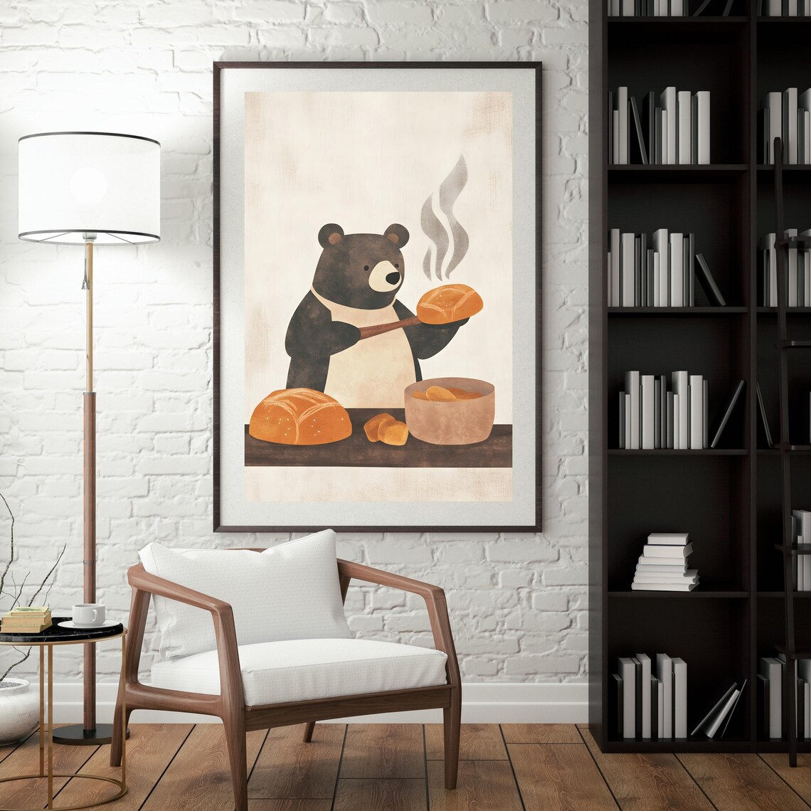 Jolly Black Bear Baker in a Cream Apron Presenting a Steaming Loaf Poster - Image 4