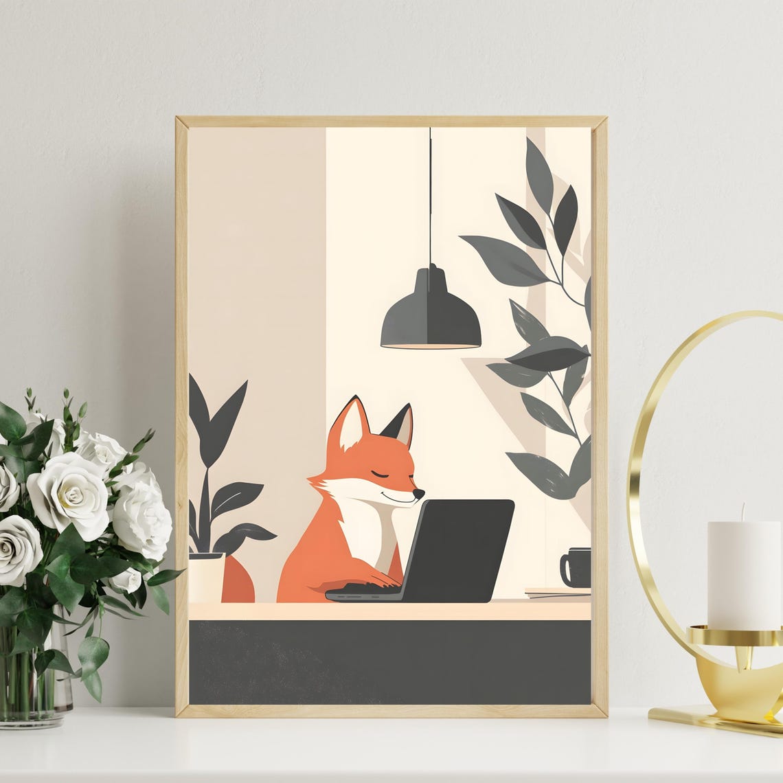 Fox Working Laptop Minimalist Office Desk Cute Animal Art Poster - Image 4