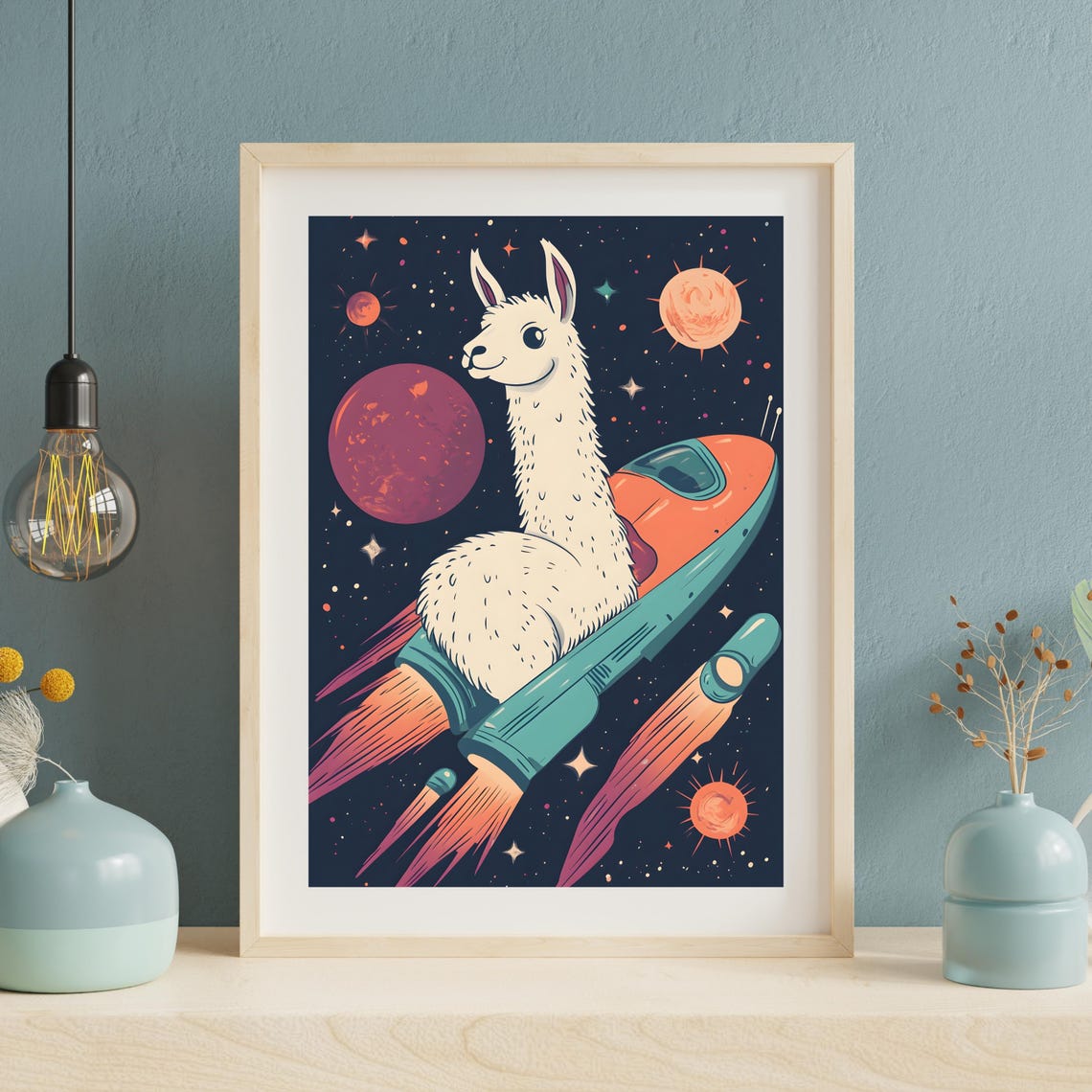 Cute Llama Riding a Retro Rocket Ship Through Starry Space Poster - Image 4