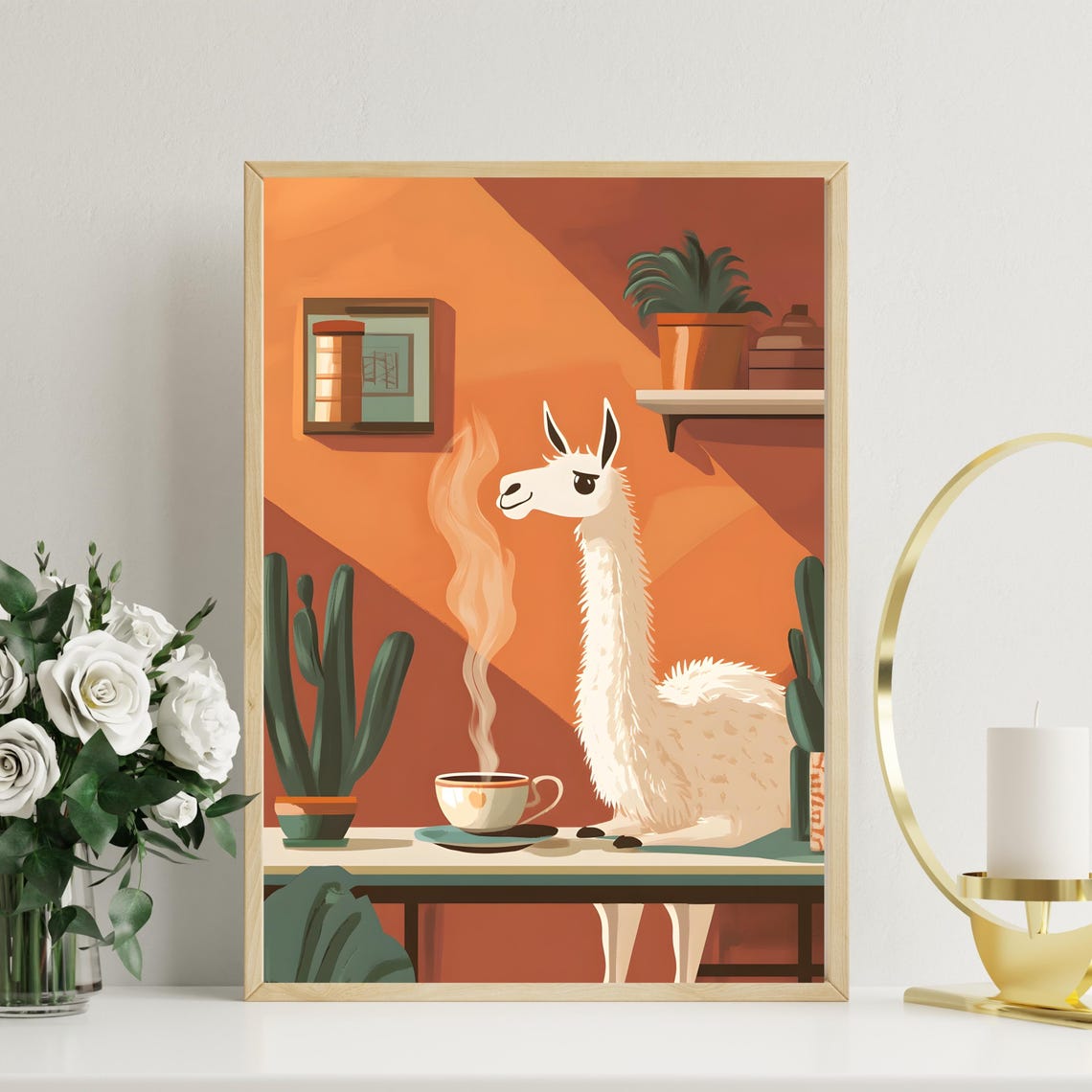 Llama Sipping Coffee Cozy Cafe Morning Whimsical Animal Art Poster - Image 2