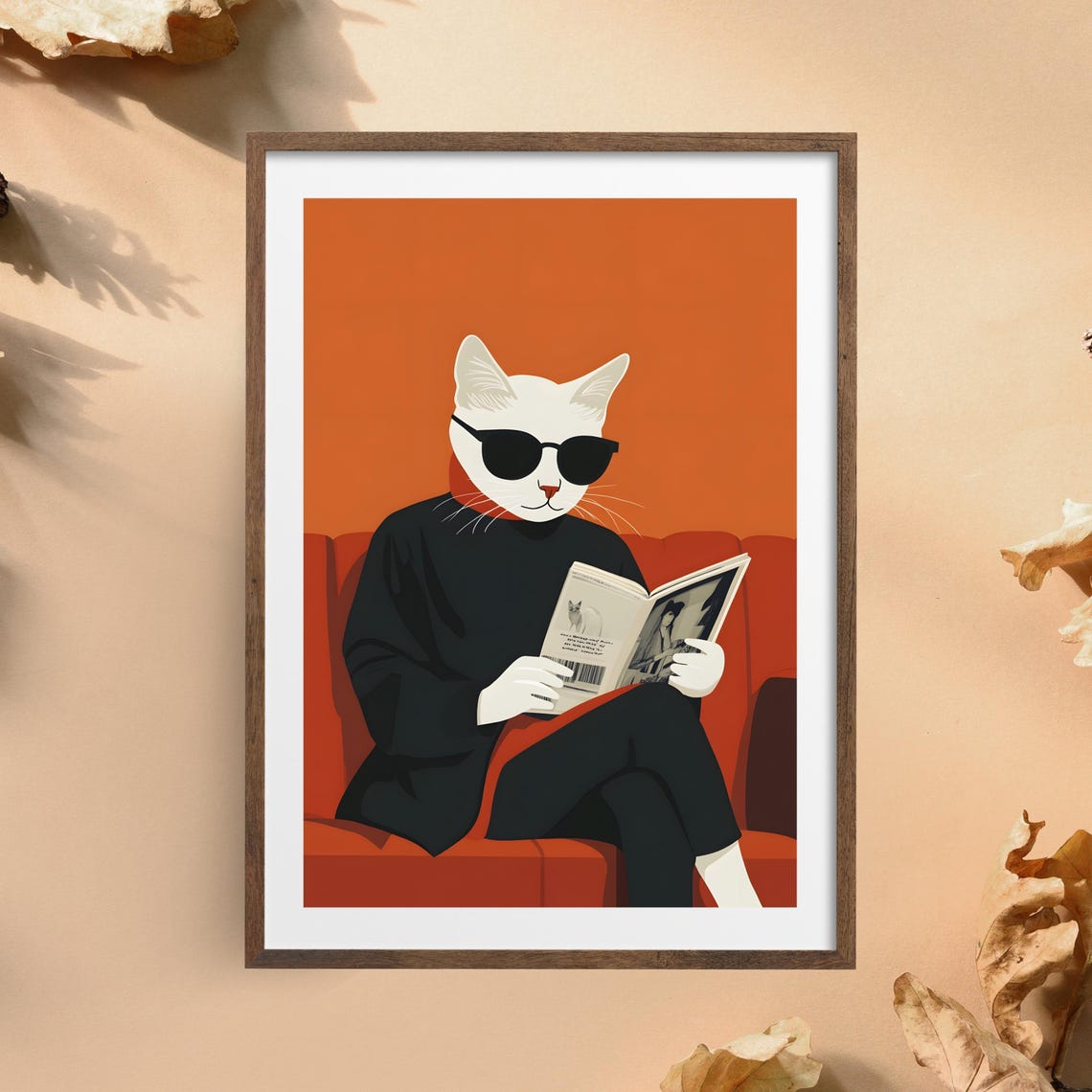 White Cat in Sunglasses Reading Newspaper on Red Sofa Poster