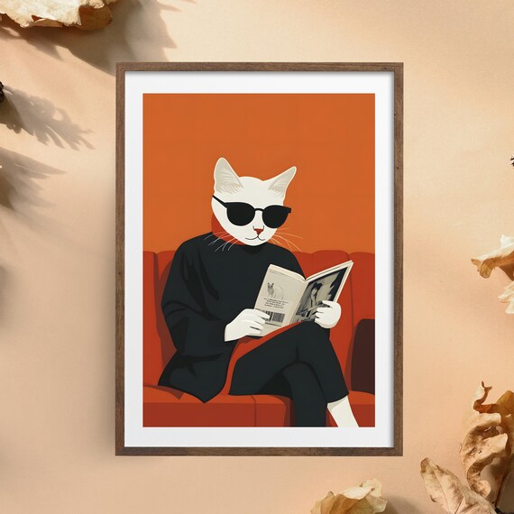 White Cat in Sunglasses Reading Newspaper on Red Sofa Poster