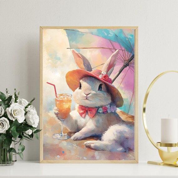 White Bunny In A Sun Hat Sipping An Iced Drink Summer Art Poster