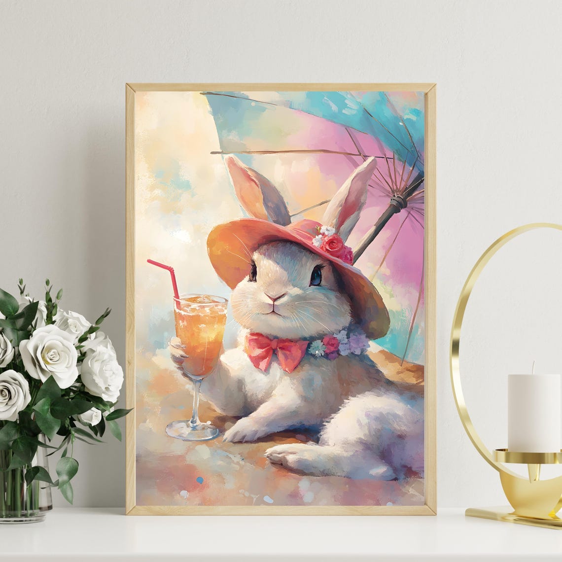 White Bunny In A Sun Hat Sipping An Iced Drink Summer Art Poster