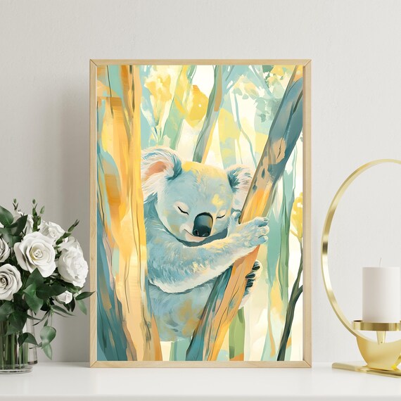 Sleepy Koala Hugging a Sunlit Eucalyptus Trunk in a Soft Painted Forest Poster