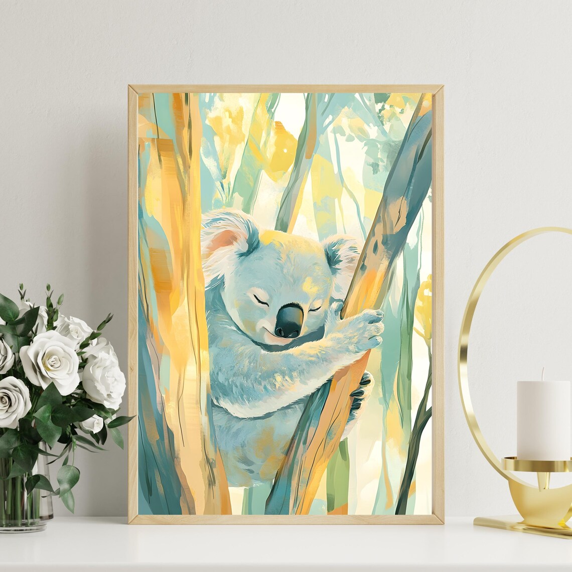 Sleepy Koala Hugging a Sunlit Eucalyptus Trunk in a Soft Painted Forest Poster