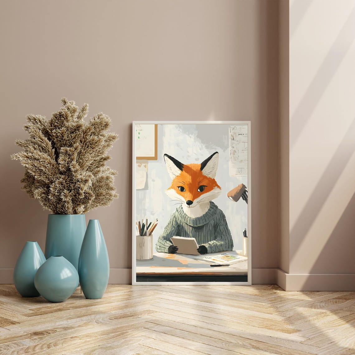 Cozy Fox in a Knit Sweater Reading a Book at a Wooden Desk Poster - Image 8