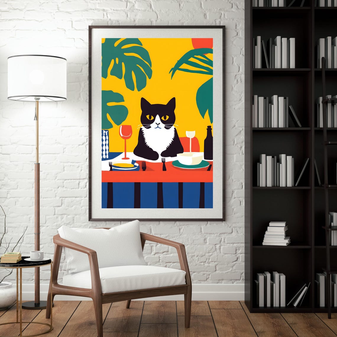 Black and White Cat at a Vibrant Tropical Dinner Party Table Poster - Image 5