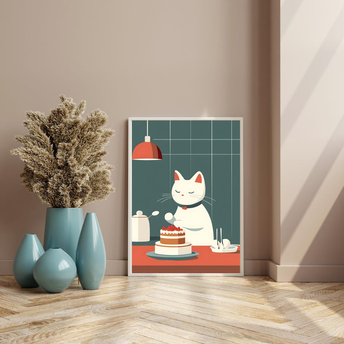 Cat Decorating Strawberry Cake Cute Kitchen Animal Nursery Art Poster - Image 4