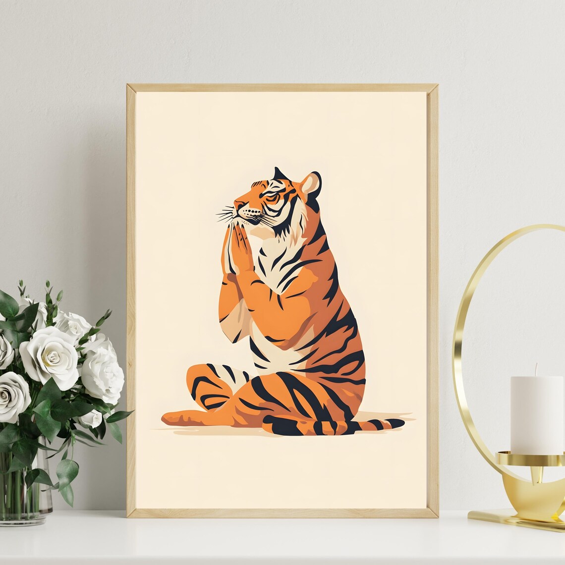 Serene Tiger Meditating in Lotus Pose Minimalist Cream Zen Poster - Image 4