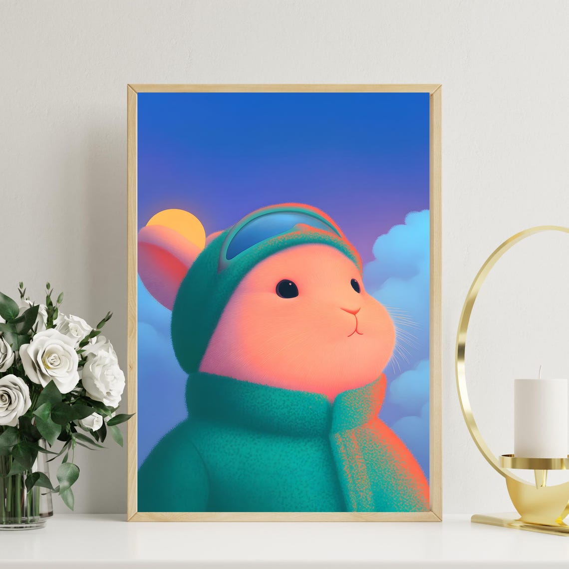 Adventurous Bunny In Aviator Cap Gazing At Sunset Sky Art Poster