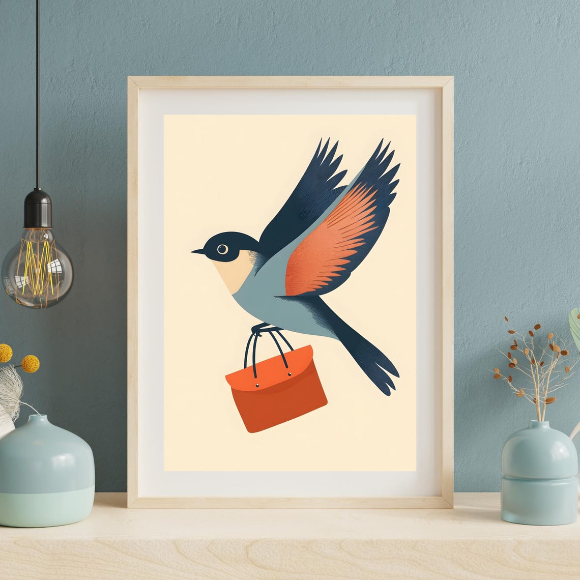 Stylized Bird in Flight Carrying an Orange Leather Satchel Poster