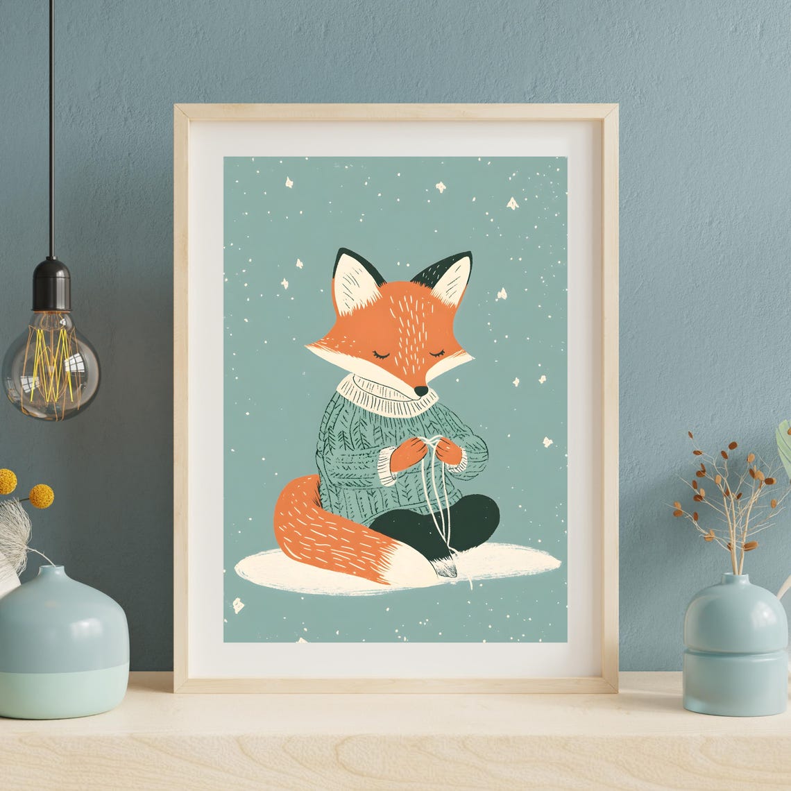 Fox Knitting in Sweater Winter Snowfall Cozy Animal Nursery Art Poster
