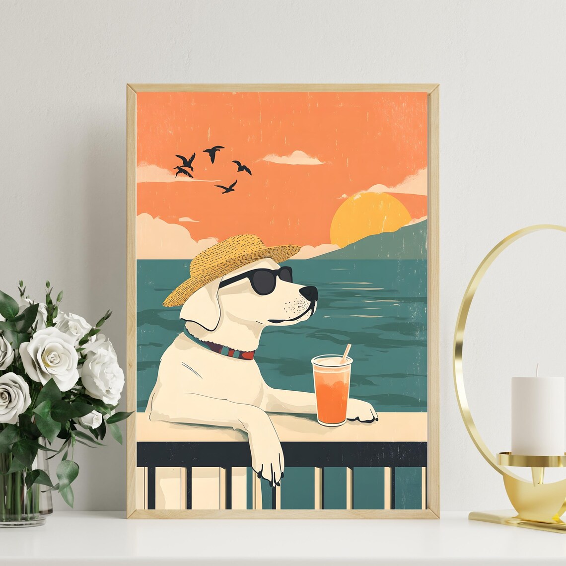 Cool Dog With Straw Hat and Sunglasses at Beach Sunset Poster - Image 5