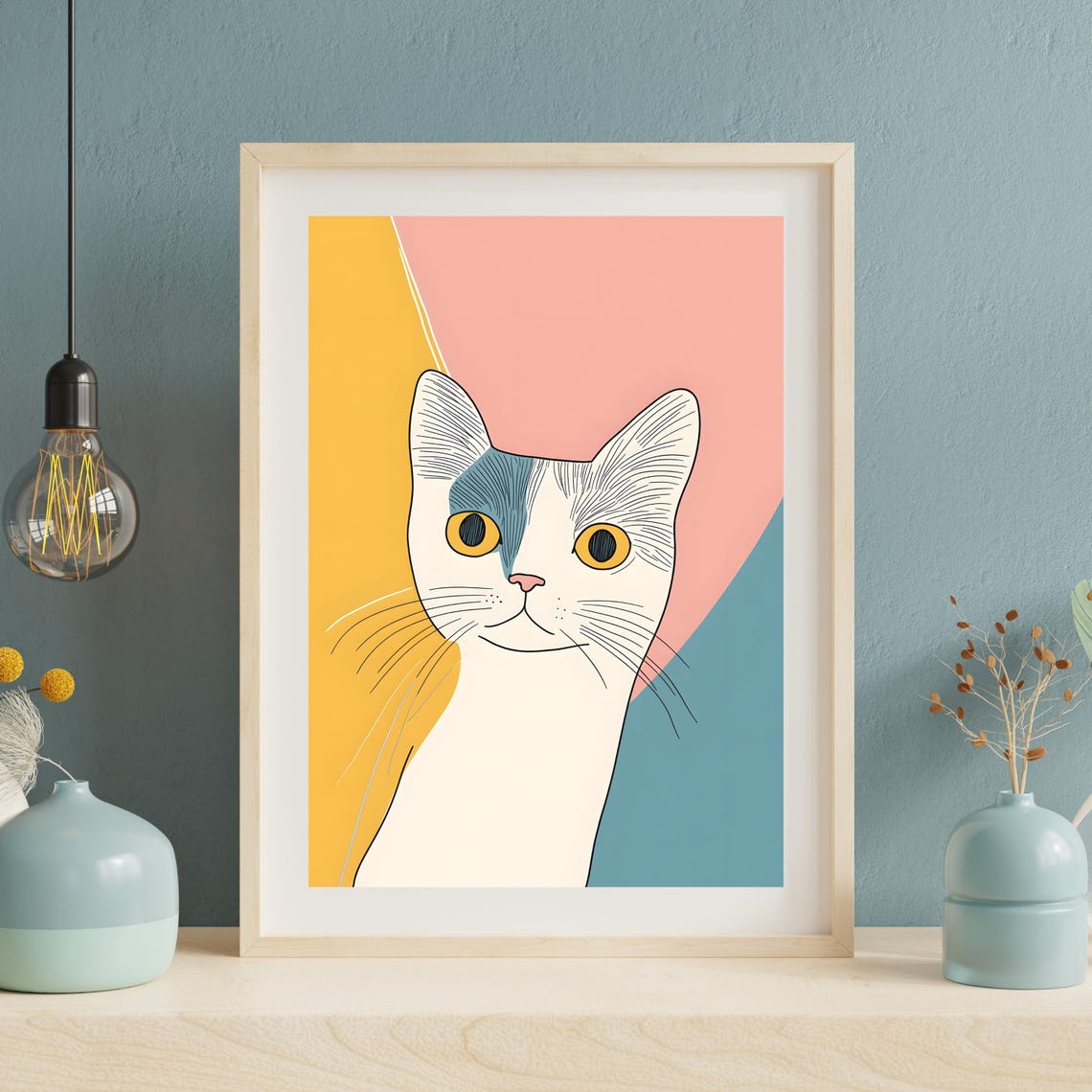Minimalist Cat Portrait On Pastel Color Blocks Modern Line Art Print