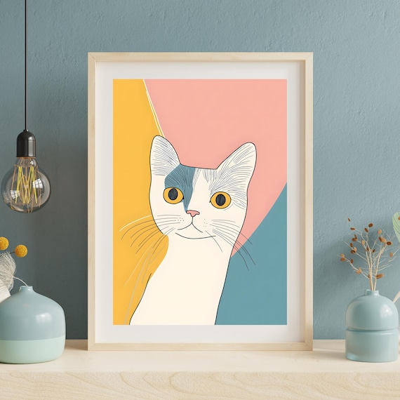 Minimalist Cat Portrait On Pastel Color Blocks Modern Line Art Print