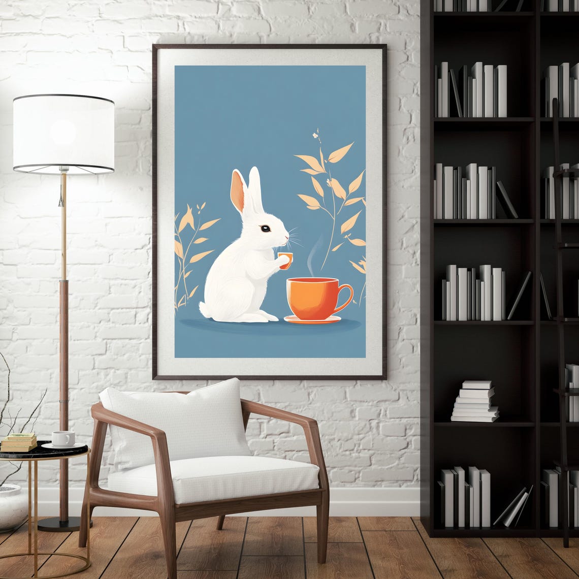 Adorable White Bunny Drinking Tea on a Dusty Blue Botanical Poster - Image 4