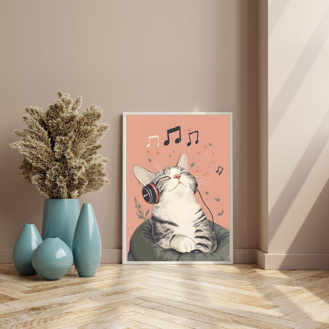 Relaxed Tabby Cat Wearing Headphones with Floating Music Notes Poster - Image 5