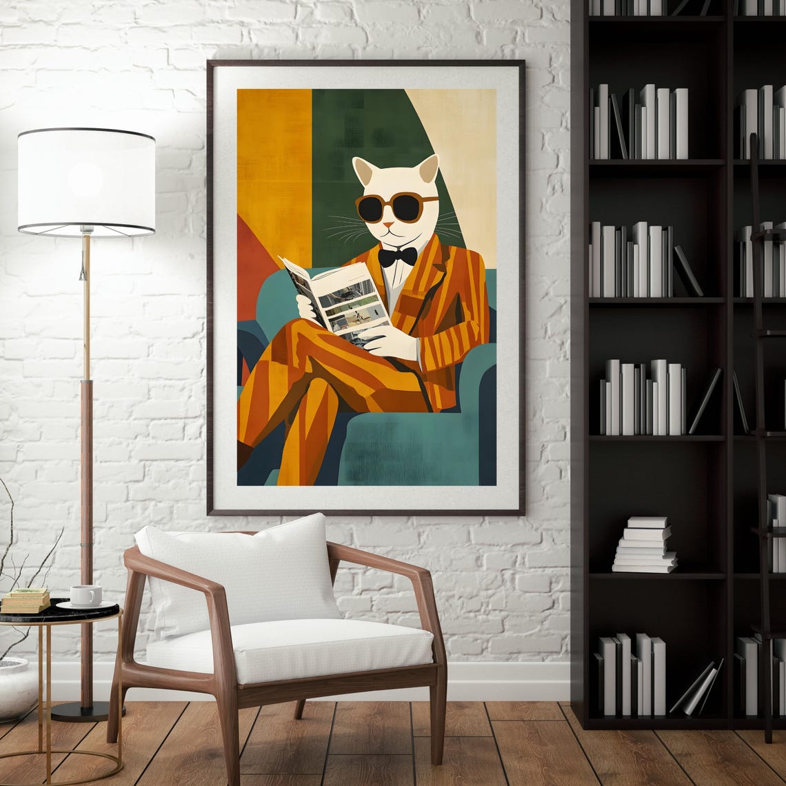 Classy Cat Suit Sunglasses Reading Newspaper Retro Style Art Poster - Image 8