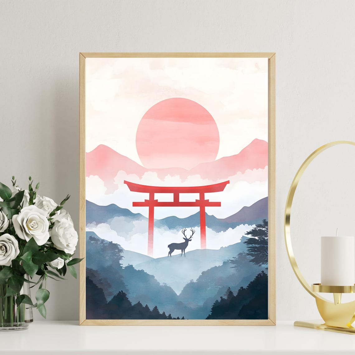 Japanese Sunrise Deer With Red Torii Gate Over Misty Mountains Poster - Image 2