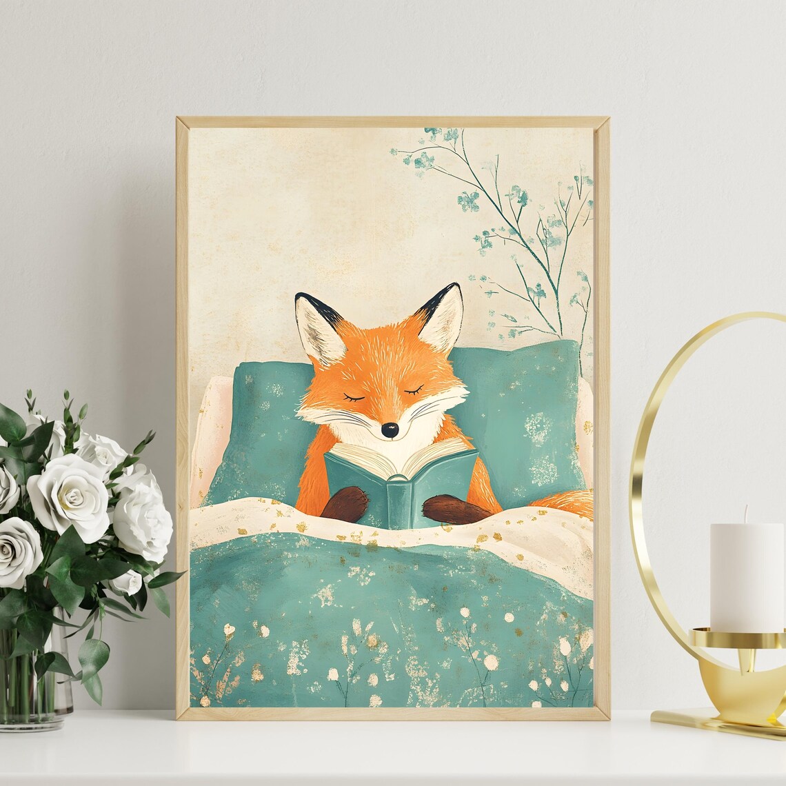 Fox Reading Book in Bed Cute Cozy Bedtime Animal Nursery Art Poster - Image 2