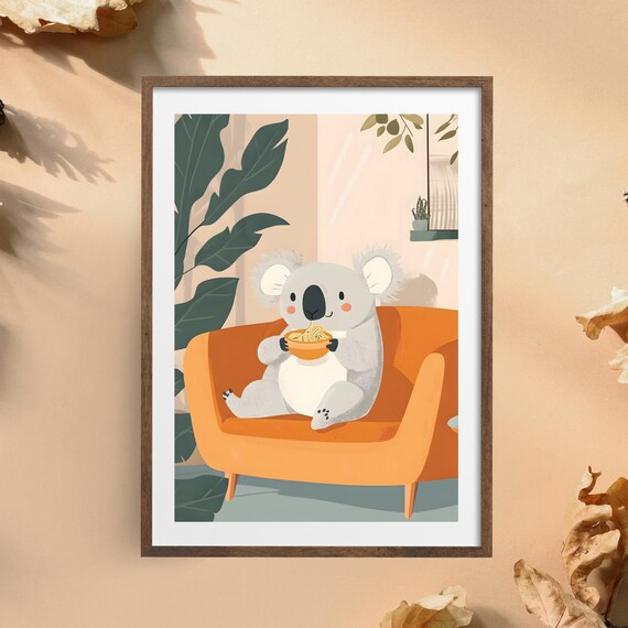 Cute Koala Eating Noodles Orange Couch Cozy Nursery Art Poster