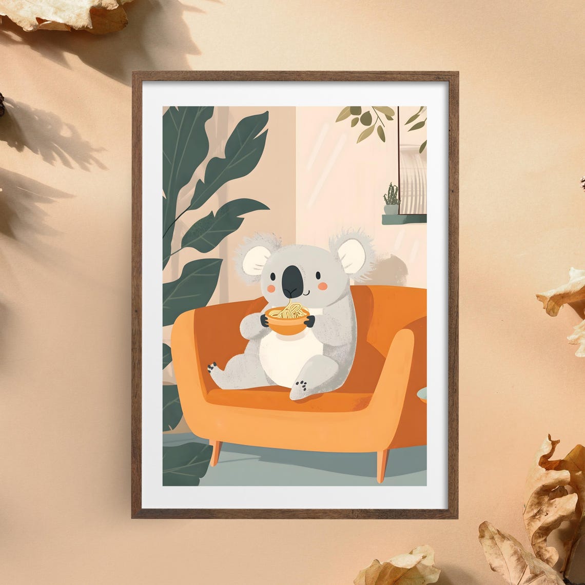Cute Koala Eating Noodles Orange Couch Cozy Nursery Art Poster