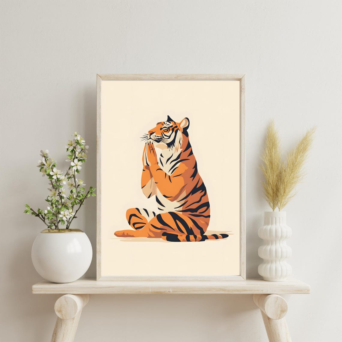 Serene Tiger Meditating in Lotus Pose Minimalist Cream Zen Poster - Image 6