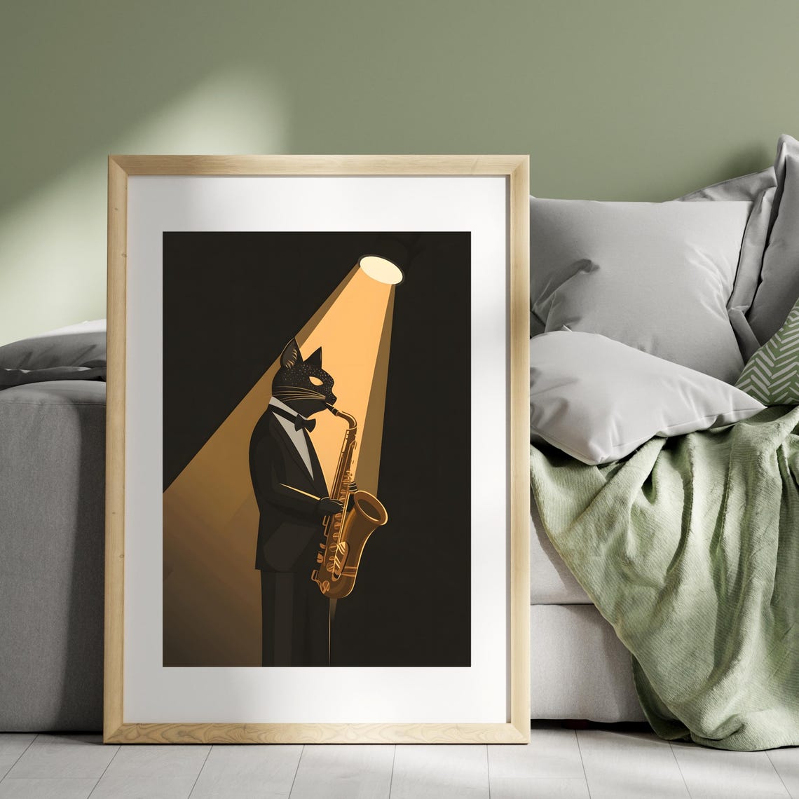 Black Cat in Tuxedo Playing Saxophone Under Spotlight Poster - Image 8